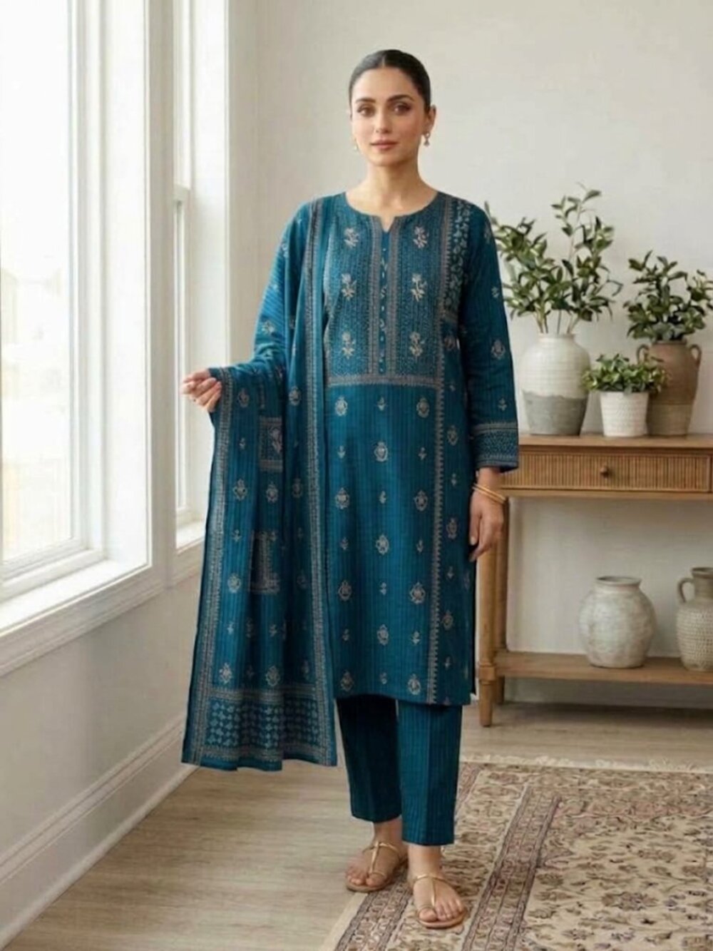 Women's Teal Velvet Embroidered Kurta Set – 3-Piece Elegant Ethnic Festive Suit